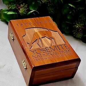 Vintage 1990 Yosemite National Park Centennial Carved Brown Wooden Keepsake Box